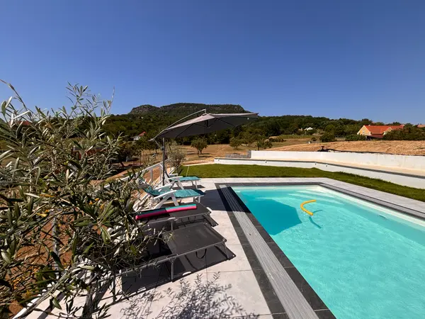 Panorama Pool oldalnézete olajfával és napozóágyakkal.